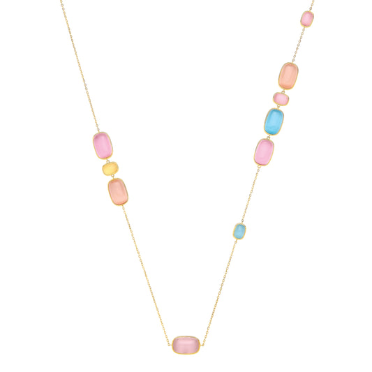 Gold-plated Silver Blue Peach Amber Agate Candy Station Necklace - GVK550