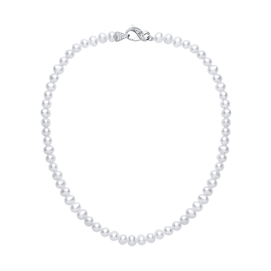 Silver White Pebble Shape Fresh Water Pearl & CZ Necklace 6-6.5mm - GVK551