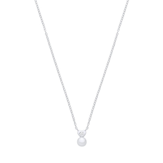 Silver CZ & Fresh Water Pearl Heart Pendant Necklace - GVK554