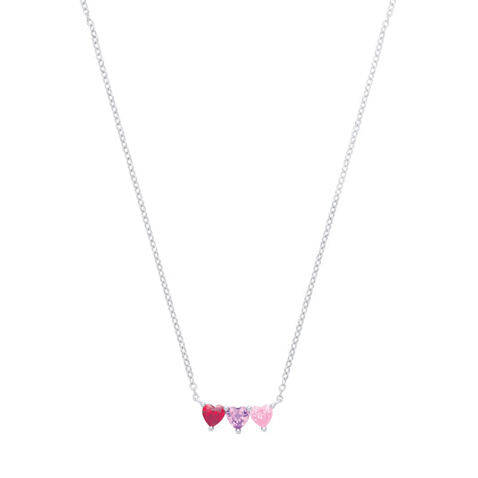 Silver CZ Garnet, Amethyst & Pink Triple Heart Pendant Necklace - GVK556