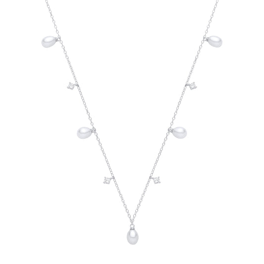Silver Pear Pearl & CZ Lil n Large Moons n Stars Station Necklace - GVK559