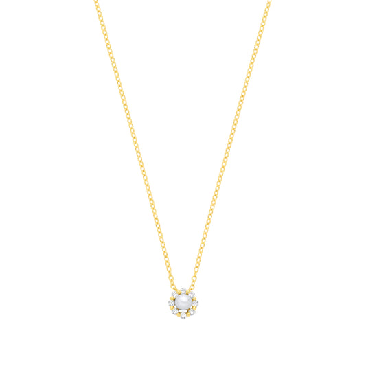 18K Gold Plated CZ & Fresh Water Pearl Necklace - 16" - GVK568