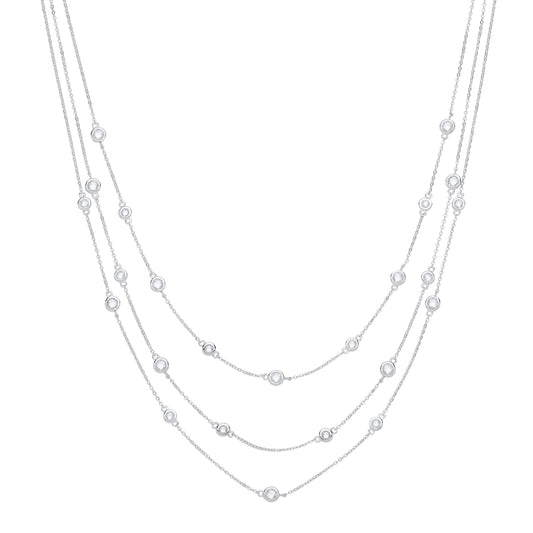 Silver CZ 3-Row Multi Strand Raindrop Bezel Station Necklace - GVK576