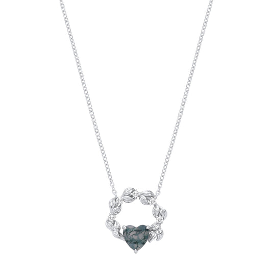 Silver Grey Heart Moss Agate CZ Spooky Foggy Forest Leaf Necklace - GVK577