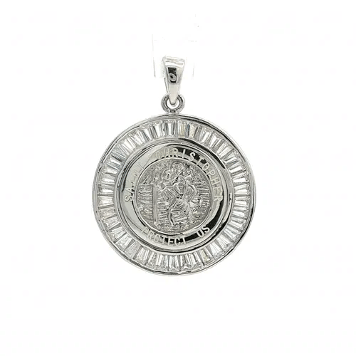 Silver Baguette CZ St Christopher Halo Medallion Radiant Pendant - GVP063