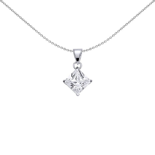 Silver Princess Cut CZ 4 Claw Solitaire Charm Necklace 8mm 3.00CT - GVP142