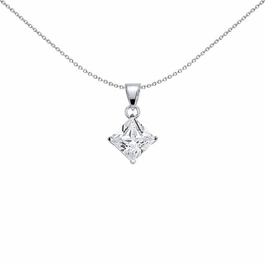 Silver Princess Cut CZ 4 Claw Solitaire Charm Necklace 18 inch - GVP142