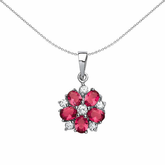 Silver Ruby-Red Oval CZ Tudor Rose Flower Pendant Necklace - GVP181