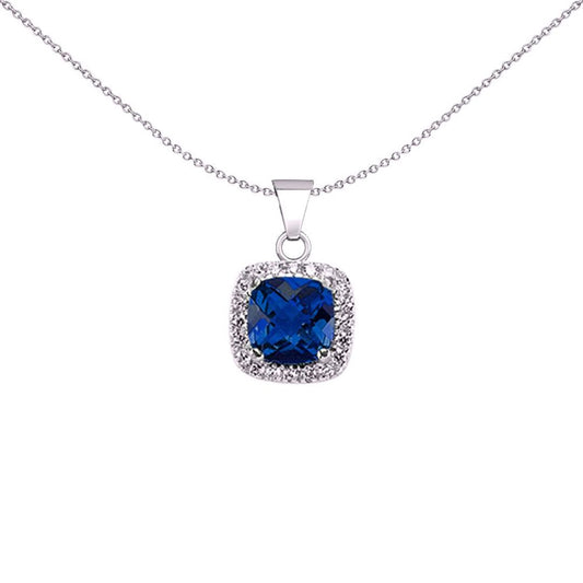 Sterling Silver Blue Cushion CZ Halo Cluster Solitaire Pendant - GVP191