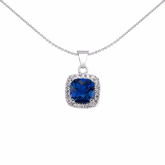 Silver Blue Cushion CZ Halo Cluster Pendant Necklace 18 inch - GVP191