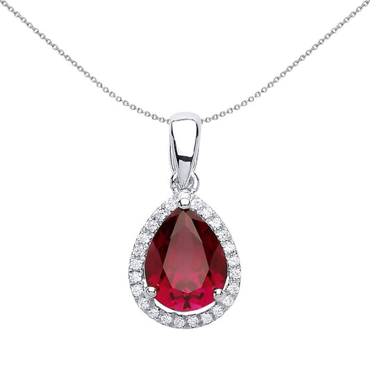 Sterling Silver Red Pear CZ Halo Tears of Joy Solitaire Pendant - GVP194