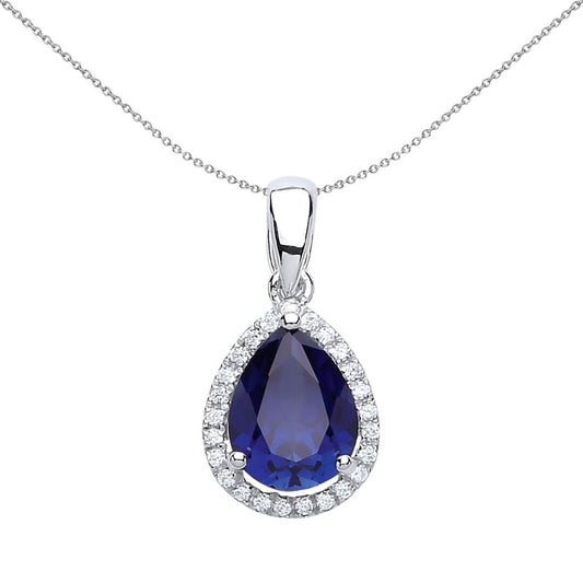 Sterling Silver Blue Pear CZ Solitaire Pear Halo Pendant Necklace - GVP194SAP