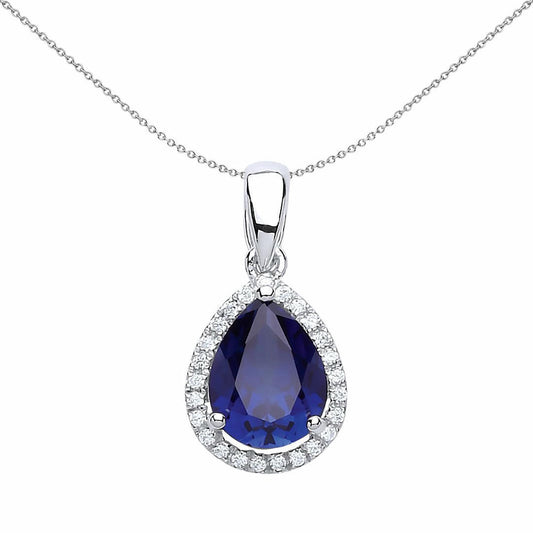 Silver Blue Pear CZ Pear Halo Pendant Necklace 18 inch - GVP194SAP
