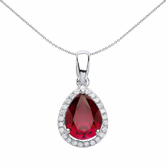 Silver Red Pear CZ Halo Tears of Joy Pendant Necklace 18 inch - GVP194