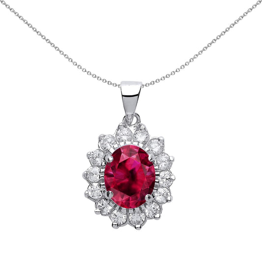 Sterling Silver Red Oval CZ Royal Cluster Solitaire Halo Pendant - GVP216RU