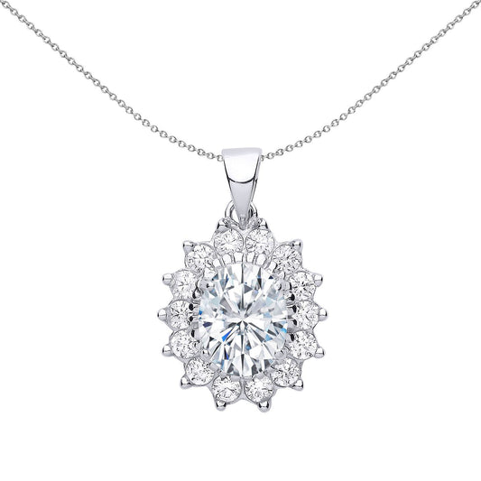 Sterling Silver Oval CZ Royal Cluster Solitaire Halo Pendant - GVP216W