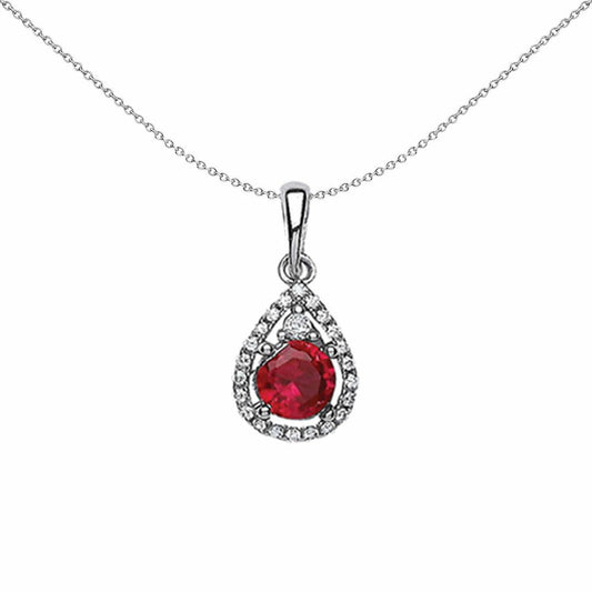 Silver Red CZ Halo Tear of Joy Pendant Necklace 18 inch - GVP238RUBY