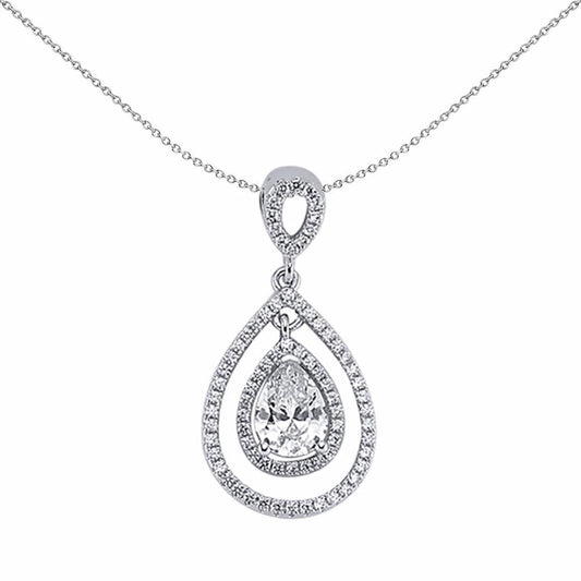 Silver Pear CZ Teardrop Halo Pendant Necklace 18 inch - GVP241