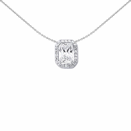 Silver Emerald Cut CZ Halo Pendant Necklace 18 inch - GVP244