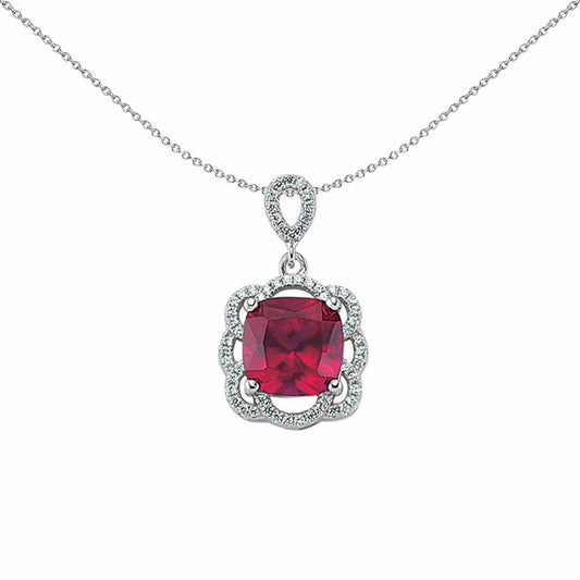 Silver Red Cushion CZ Halo Cluster Pendant Necklace 18 inch - GVP250