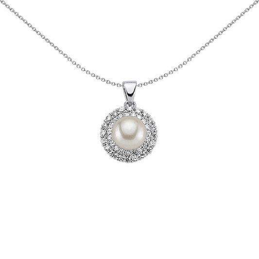 Silver CZ Pearl Halo Pendant Necklace 8mm 18 inch - GVP290