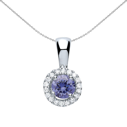 Sterling Silver Lilac CZ Solitaire Halo Pendant Necklace - GVP292TAN