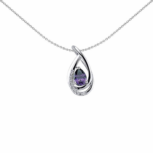 Silver Purple Pear CZ Tear of Joy Pendant Necklace 18 inch - GVP305