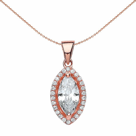 Rose Silver Marquise CZ Halo Charm Necklace 18 inch - GVP320