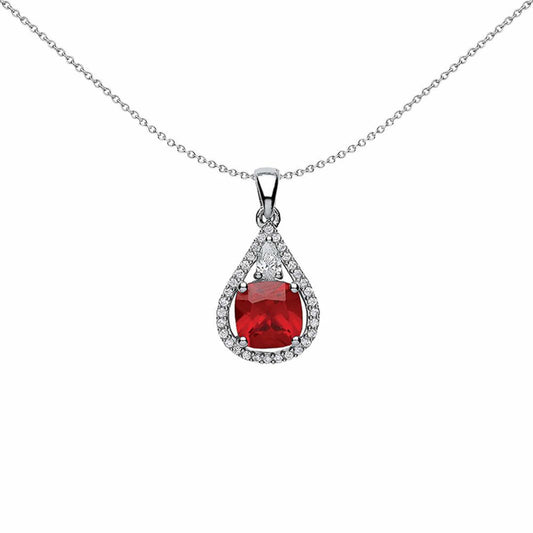 Silver Red Cushion CZ Halo Teardrop Pendant Necklace 18 inch - GVP334RU