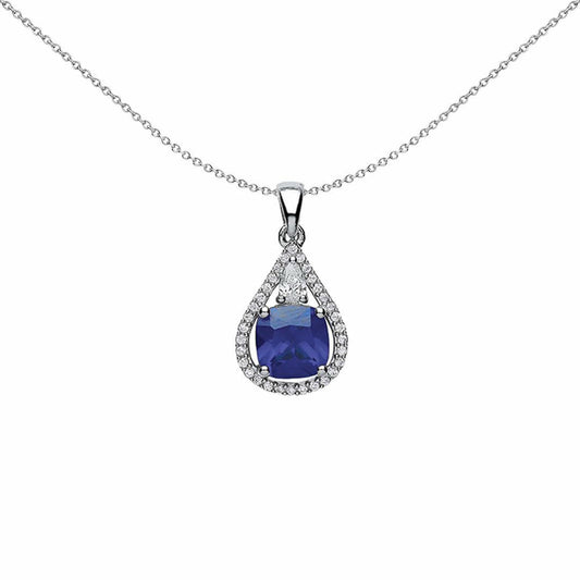 Silver Purple Cushion CZ Halo Teardrop Pendant Necklace 18 inch - GVP334TAN