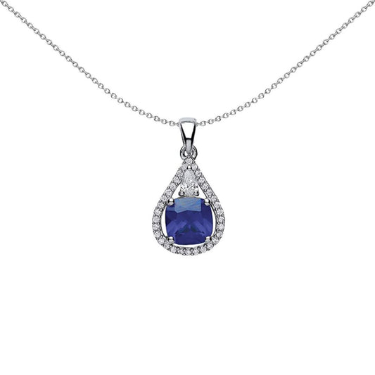 Silver Purple Cushion CZ Halo Teardrop Pendant Necklace - GVP334TAN