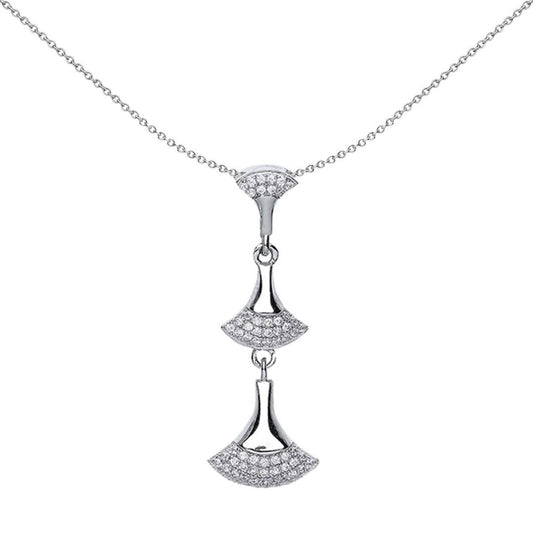 Sterling Silver CZ Trilogy Pave Fans Drop Charm Necklace - GVP356