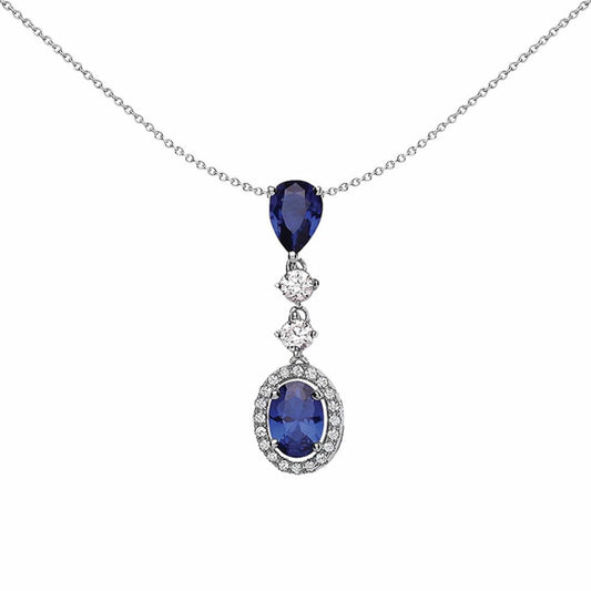 Silver Blue Oval Pear CZ Halo Tears of Joy Pendant Necklace - GVP357