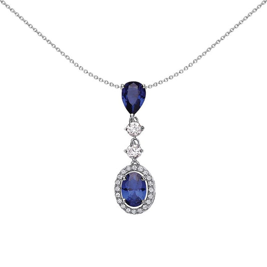 Silver Blue Oval Pear CZ Halo Tears of Joy Pendant Necklace - GVP357