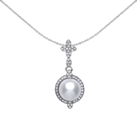 Silver CZ Simulated Pearl Halo Charm Necklace 9mm - GVP361
