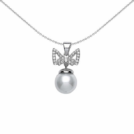 Silver CZ Pearl Bow Charm Necklace 9mm 18 inch - GVP364