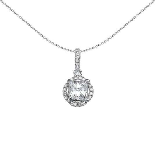 Silver Princess Cut CZ Halo Pendant Necklace 18 inch - GVP382
