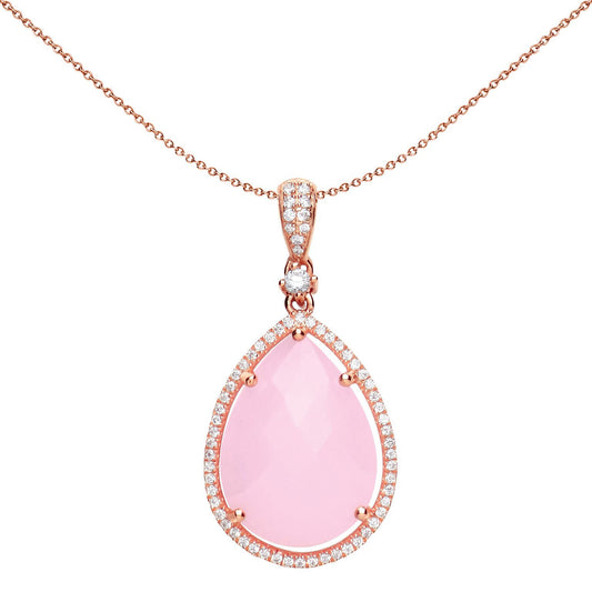 Rose Silver Pink Pear Quartz CZ Teardrop Halo Necklace 18 inch - GVP386LG