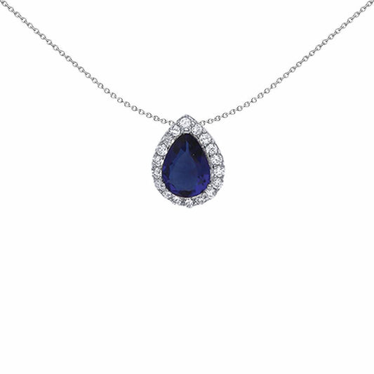 Silver Blue Pear CZ Halo Tears of Joy Pendant Necklace 18 inch - GVP387