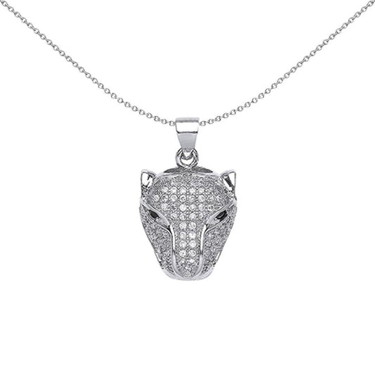 Mens Sterling Silver CZ Encrusted Art Deco Panther Charm Necklace - GVP391