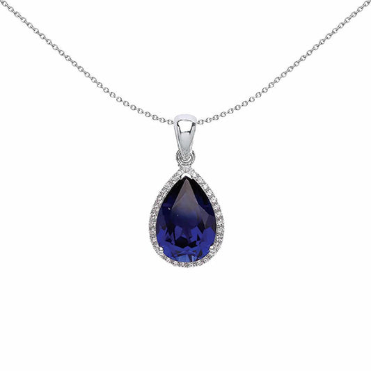Silver Blue Pear CZ Halo Tears of Joy Pendant Necklace 18 inch - GVP392