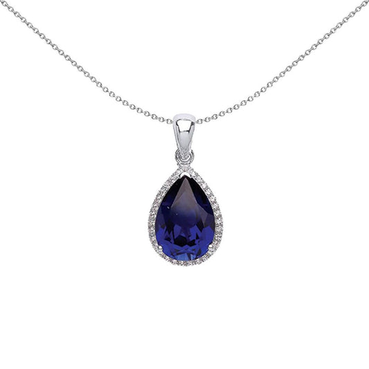 Silver Blue Pear CZ Halo Tears of Joy Pendant Necklace - GVP392