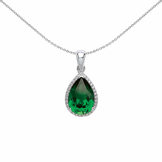 Silver Green Pear CZ Halo Tears of Joy Pendant Necklace 18 inch - GVP393