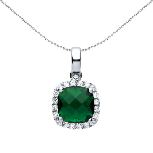 Silver Green Square Cushion CZ Halo Football Stadium Necklace - GVP437EM