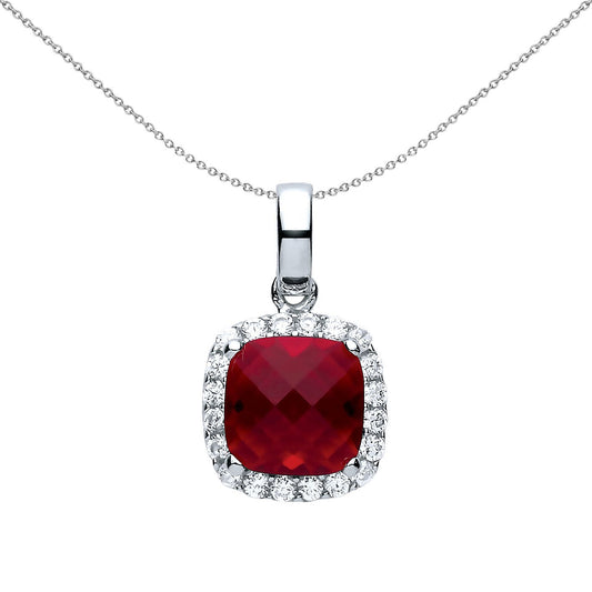 Silver Rose red Square Cushion CZ Solitaire Halo Charm Necklace - GVP437RU