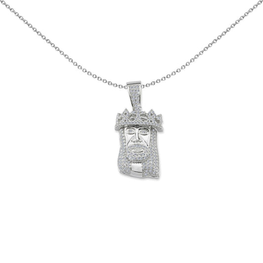 Unisex Silver CZ Crowned Head of Jesus Pendant Necklace 18 inch - GVP454