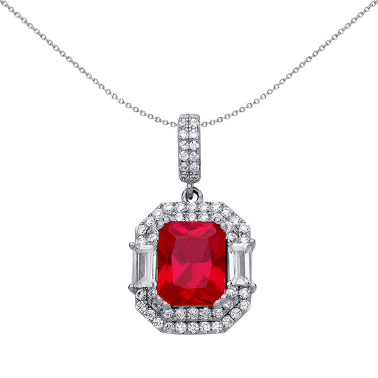 Silver Red Emerald cut CZ Octagon Amphitheatre Necklace 18 inch - GVP479