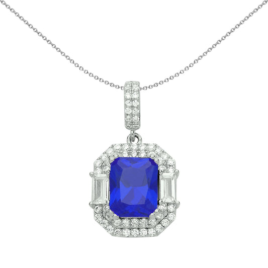 Silver Blue Radiant CZ Octagon Amphitheatre Pendant Necklace 18" - GVP479SAP