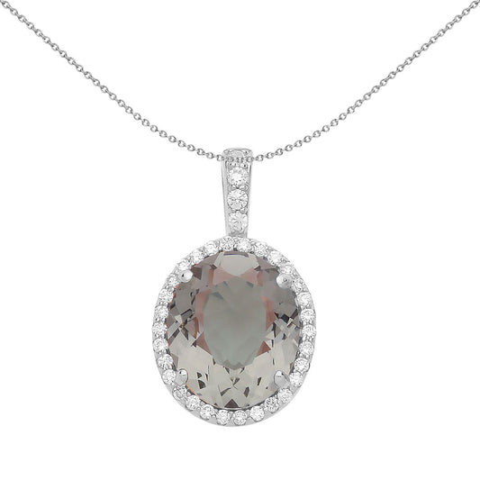 925 Silver Olive Oval CZ Solitaire Halo Pendant Necklace 18 inch - GVP488RH