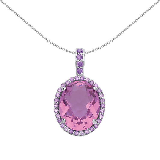 Silver Pink Oval CZ Solitaire Halo Pendant Necklace 18 inch - GVP489